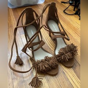 Gianni Bini Cognac Brown Suede Fringe Open Toe Heels